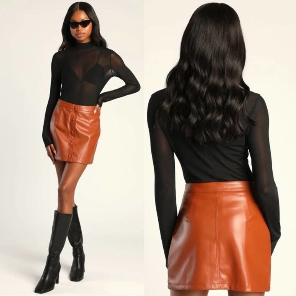 Lulus NWT Most Fab Brown Vegan Leather Button-Front Mini Skirt Clay Size Large